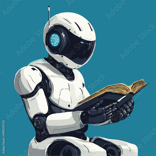 A humanoid robot engrossed in reading a book, showcasing the intersection of technology and knowledge.