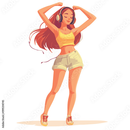A joyful woman enjoying music and dancing with headphones, embodying happiness and freedom in a vibrant setting.