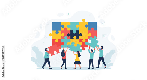 Group of diverse people working together to solve a large colorful jigsaw puzzle representing team cooperation.