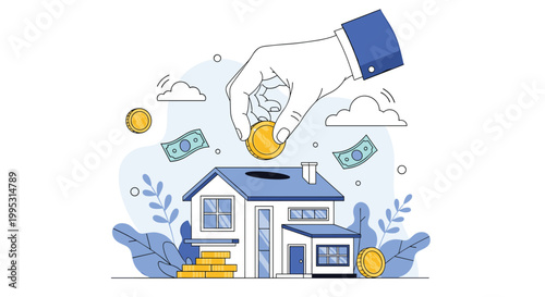 Giant hand dropping a gold coin into a house-shaped piggy bank to save money for real estate or home purchase.