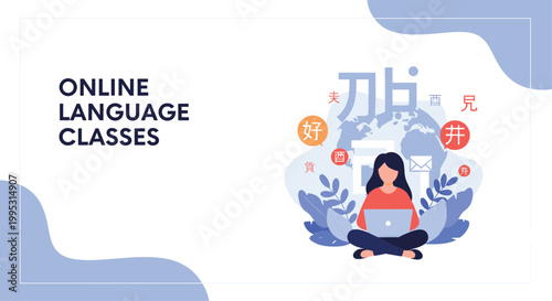 Woman working on a laptop surrounded by foreign language characters representing online language learning classes.