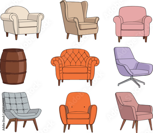 Armchairs collection with modern and classic seating furniture designs isolated on light background interior decor vector illustration set