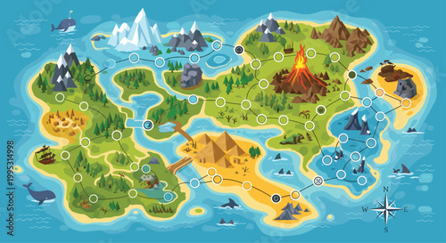 Detailed game level map of a fantasy island showing biomes such as volcanoes mountains forests and desert areas.