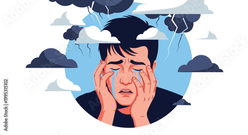 Emotional illustration of a man crying with storm clouds and lightning around his head representing depression.