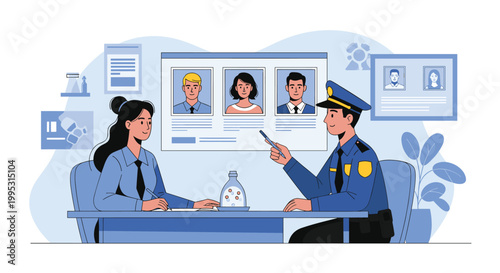 Police detective and an officer discussing suspect profiles on a bulletin board in a high-tech police station.