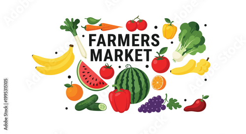 Vibrant collection of fresh fruits and vegetables like watermelon banana and tomato for a local farmers market.