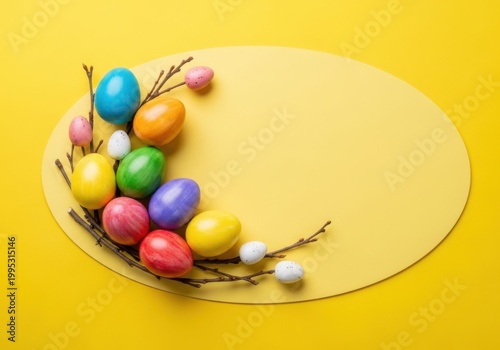 Colorful Easter egg nest with pastel eggs on yellow background