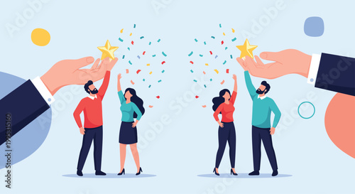 Giant hands rewarding successful couples with golden stars and confetti symbolizing recognition and achievement.