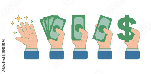 Hands acquiring money five step sequence illustration, empty hands to holding large dollar sign concept, financial growth progression vector design