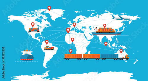 World map showing global logistics and transport routes featuring icons of ships planes trains and cargo trucks.