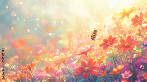 Bright Bee Hovering Over Colorful Flower Field in Sunlight Glow