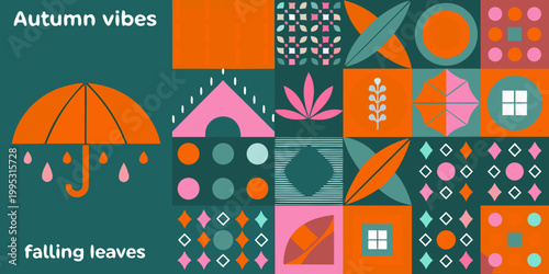 Colorful autumn pattern featuring leaves umbrellas and geometric shapes