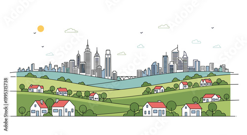 Wide panoramic view showing a dense city skyline blending into a peaceful suburban neighborhood with green hills.