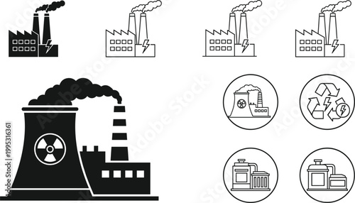 Industrial pollution icons set with factory smoke recycle energy minimal outline vector collection environment design elements