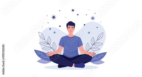 Peaceful man practicing meditation in a lotus position surrounded by abstract leaves and stars for mindfulness and relaxation.
