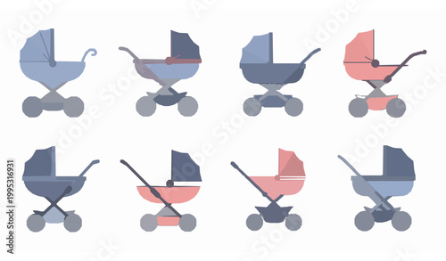 Baby stroller icon set with pram and carriage designs in flat pastel vector style