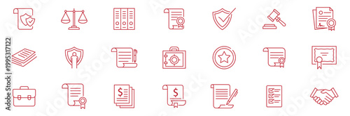 Legal document icon set. Containing contract, agreement, passport, ID card, certificate, license, patent, testament and more. Outline icons vector collection. Editable Stroke Icon Collection.
