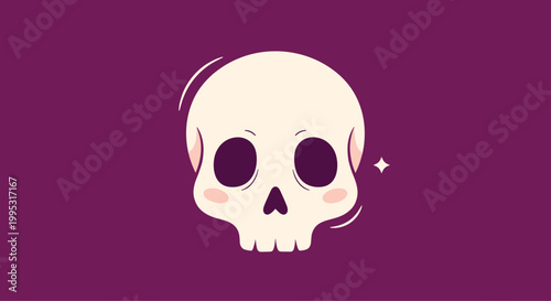 Cute stylized skull with rosy cheeks and sparkling stars on a purple background for fun or gothic themed designs.