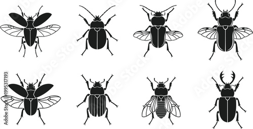 Insect silhouettes set beetle fly bug collection black vector isolated realistic entomology design elements pack