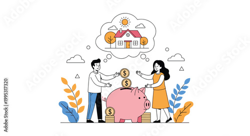 Young couple putting gold coins into a large piggy bank while dreaming of buying a new house in the background.