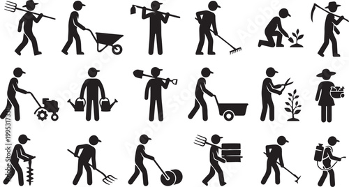 Various silhouettes of people performing different gardening and farming tasks icon