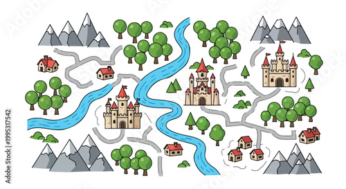 Fantasy kingdom map vector, medieval world landscape with castles and mountains, fairy tale village map with river and forest, game board design