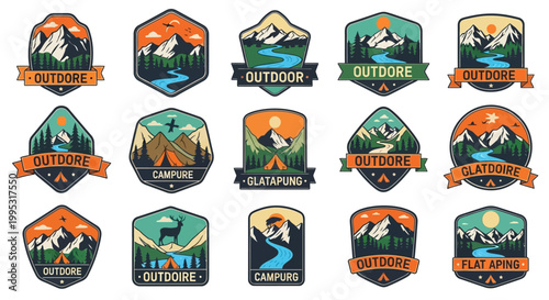 Collection of outdoor adventure badges and labels.