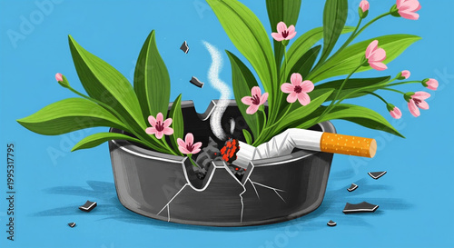 Cigarette in cracked ashtray surrounded by flowers and green leaves for World No Tobacco Day