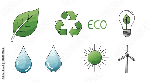 Eco friendly sustainability icon set, green environmental conservation symbols, renewable energy and recycling vector elements for ecology projects
