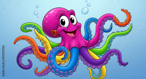 Colorful cartoon octopus swimming underwater.
