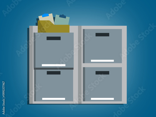 Modern grey four-drawer office filing cabinet with an open organizer and documents on top. Vector illustration, flat design.