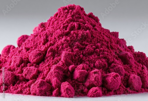 Bright pink powder forms a heap on a white surface