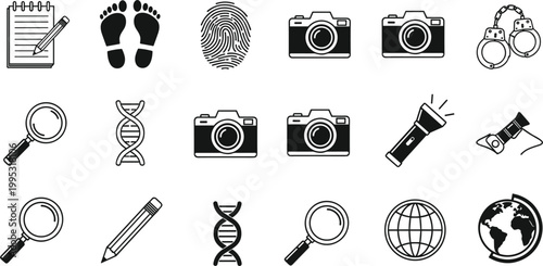 Investigation and forensic icons set crime scene evidence tools line vector collection symbols design elements