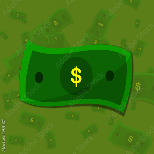Stylized green wavy dollar banknote with a gold dollar sign, flying against a background of multiple floating bills. Flat vector illustration of money.