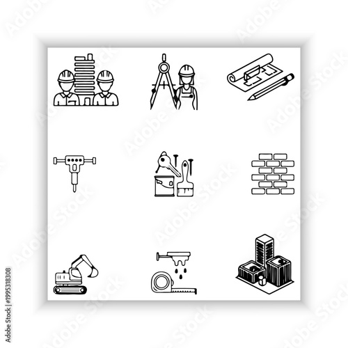Construction Industry Line Icons Set – Minimal Black Outline Tools and Equipment Collection

