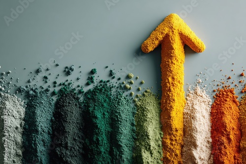 Upward Yellow arrow rises from colorful powder gradients
