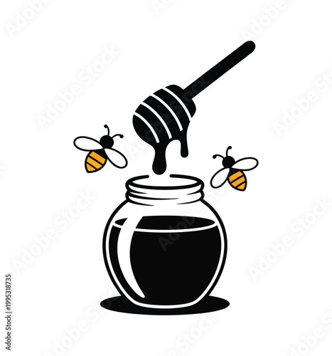 Honey dipper dripping honey into jar with bee icon beekeeping honey production flat vector design