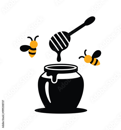 Honey dipper dripping honey into jar with bee icon World Bee Day flat vector illustration on white background
