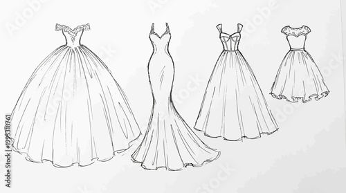Foto Elegant sketches of various wedding gowns showcasing design and style