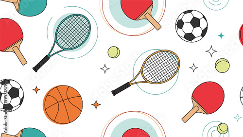 Colorful pattern of various sports equipment including tennis rackets, soccer balls, and basketballs on a clean white background with stars.