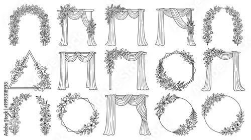 Elegant vector illustrations of floral arches and draped fabric for events