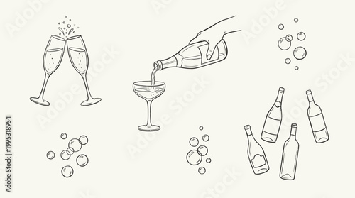 Elegant champagne celebration vector illustration of toasting pouring and bubbles