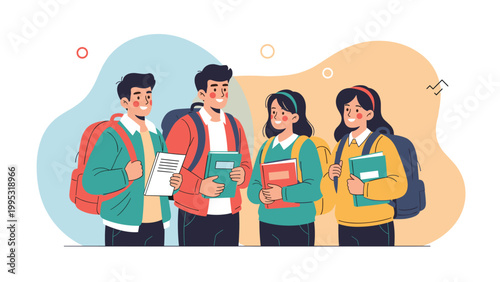 Group of four happy diverse college students standing together with their backpacks and textbooks ready for a new school year journey.