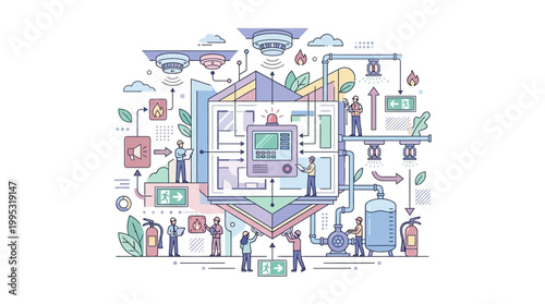 Detailed illustration of building security systems and fire safety measures.