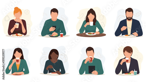 Diverse set of people are shown from the chest up while enjoying different meals and beverages at tables in a flat vector style.