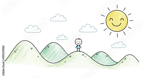 Hand drawn happy person on hill, sunny landscape, smiling face, vector illustration, simple cartoon