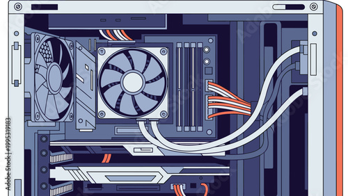 Detailed internal view of a high-performance computer tower showcases the cooling fans, motherboard components, and complex internal wiring.