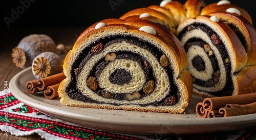 Polish makowiec cross-section with spiral poppy seed filling
