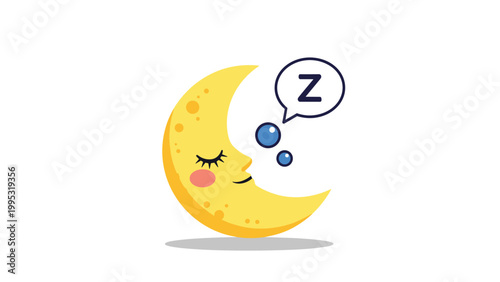 Charming sleeping crescent moon character with rosy cheeks and closed eyes features a speech bubble with a Z to symbolize dreaming.