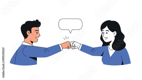 Business man and woman in professional attire give each other a friendly fist bump with an empty speech bubble for customized text.
